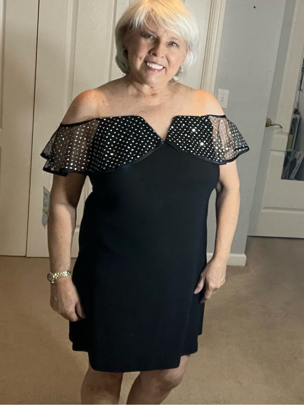 Prelude Black & Silver Off-the-Shoulder Cocktail Dress | NWT | Size L | Glam